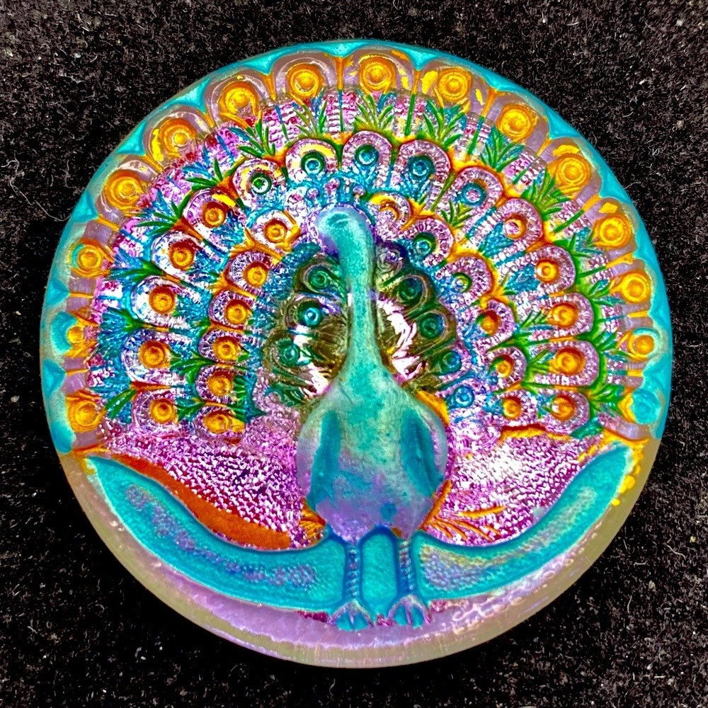 Vintage One Peacock Czechoslovakian Bohemian Glass Button Blue Pink Gold Crafts
